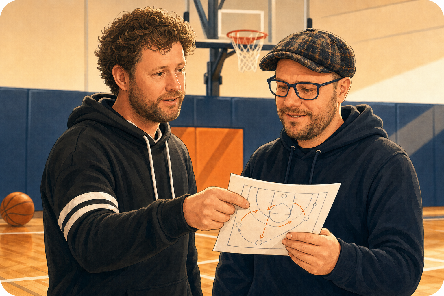 Cartoon van Wietse die een trainingsschema aan Bob overhandigt in de basketbalzaal